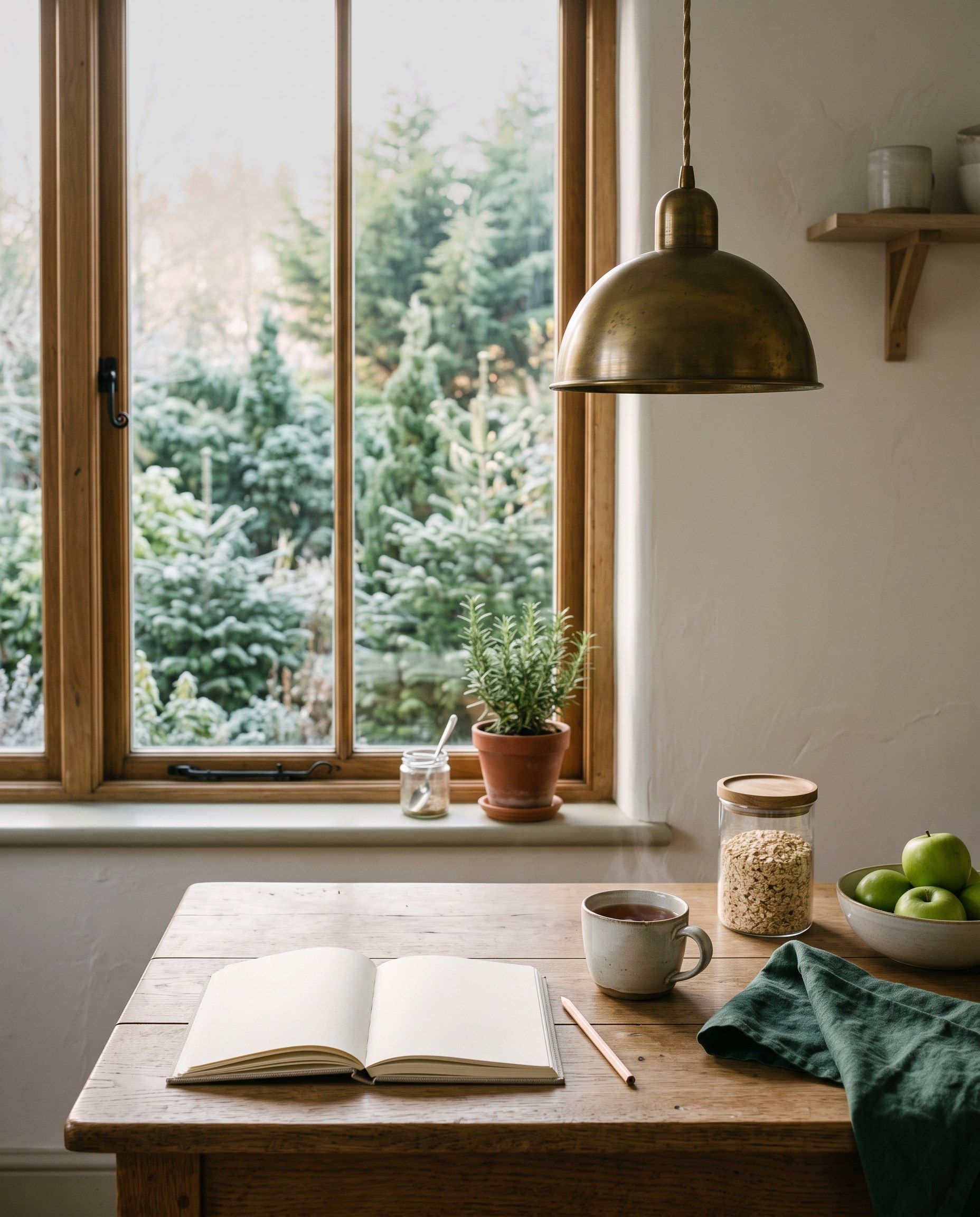 A kitchen table by a window onto a frosty garden, with an open notebook, a pencil, a mug of tea, a jar of oats and apples