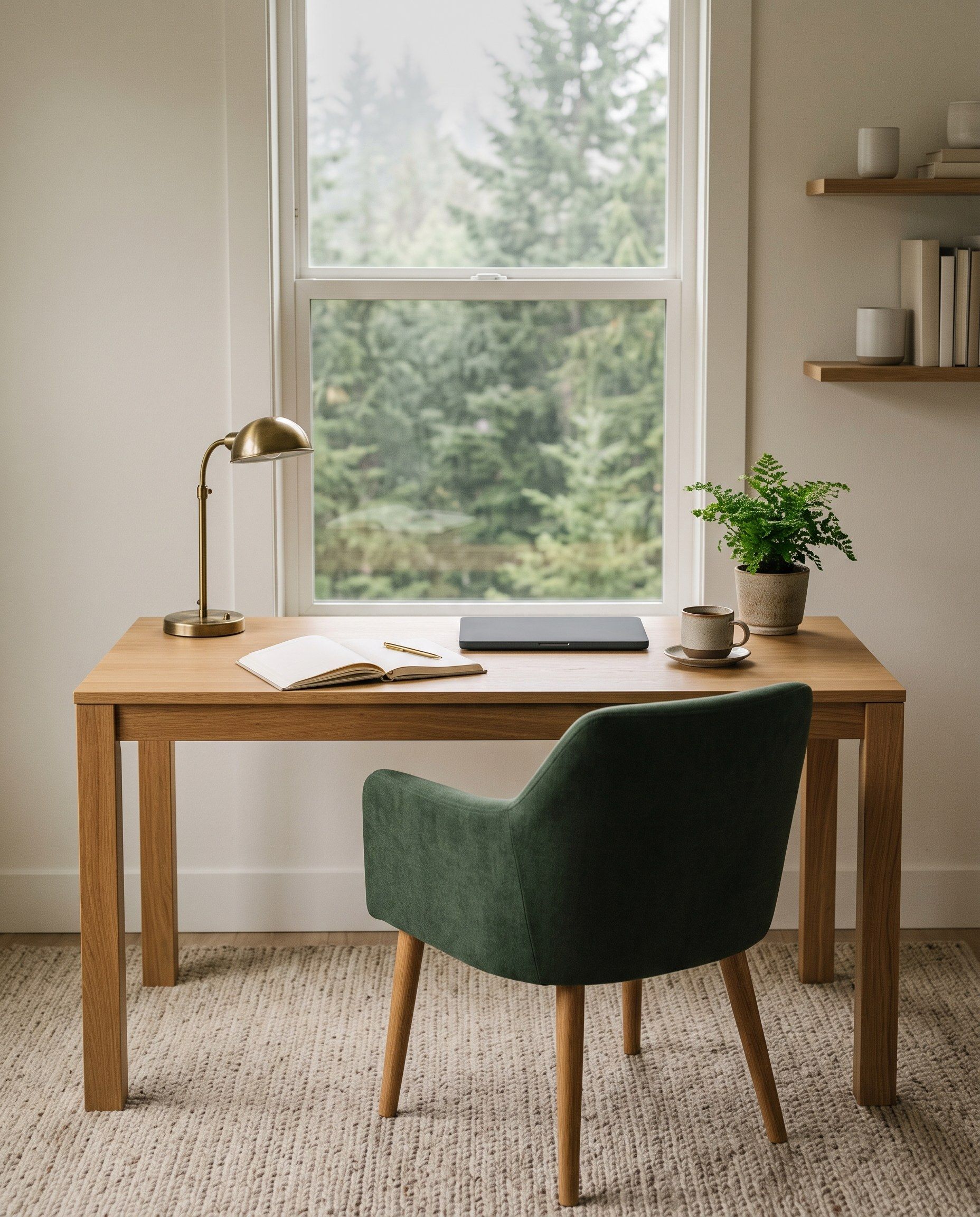 A bright home office with an open notebook, a closed laptop and a mug on an oak desk by a window onto tall evergreens