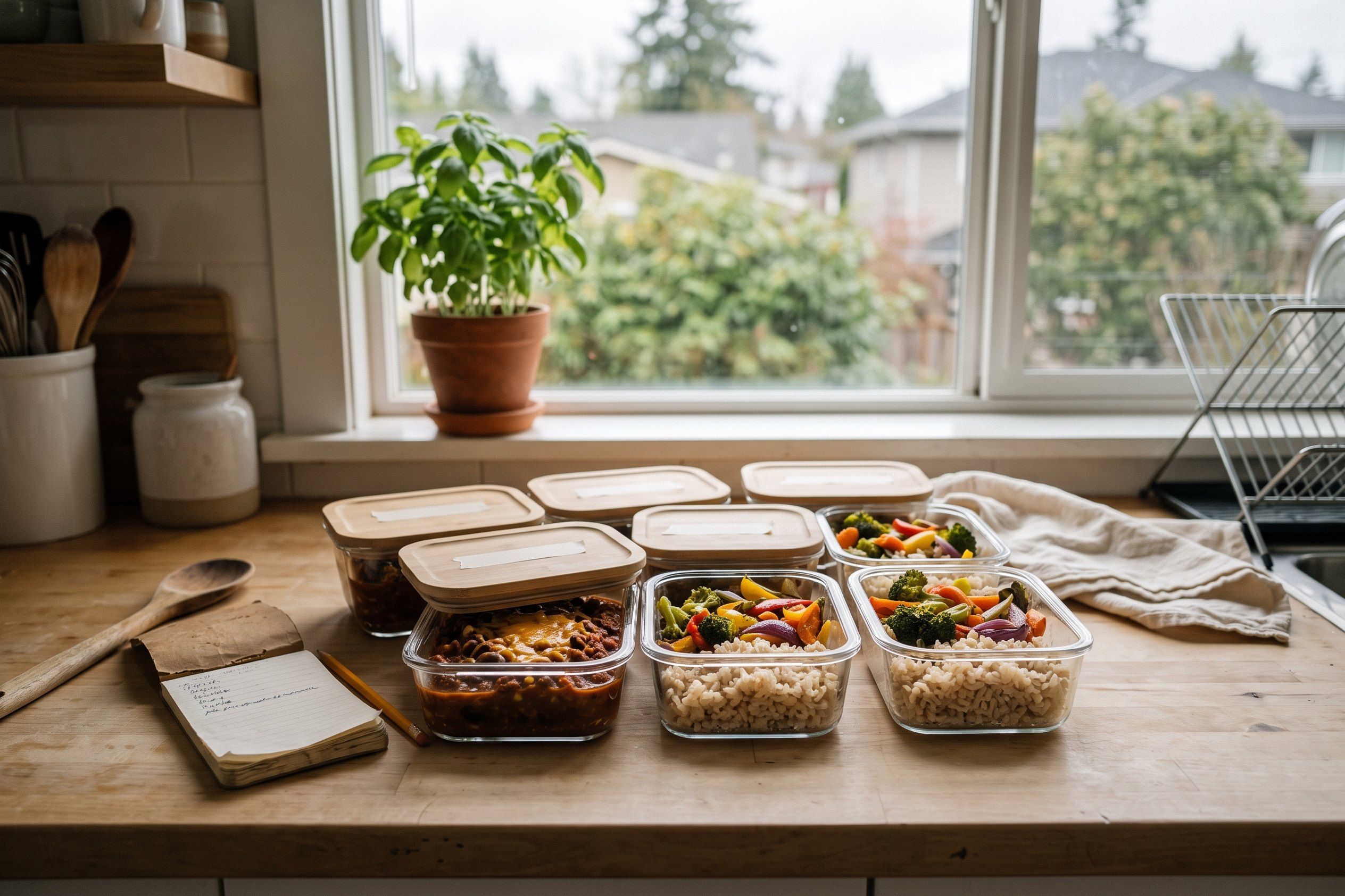 Glass containers of home-cooked chili, rice and roasted vegetables lined up on a kitchen counter